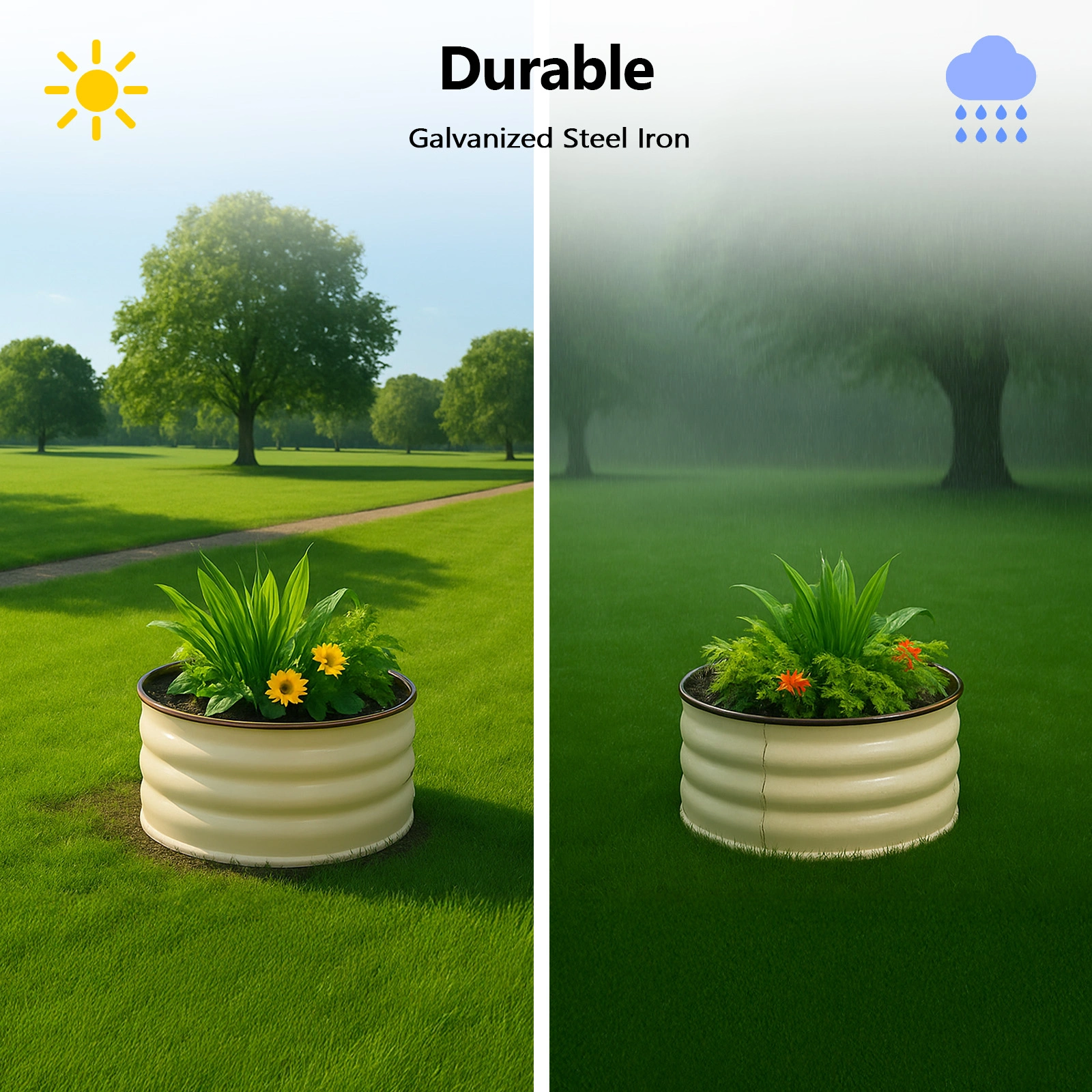 2 Pcs 2×2×1ft Raised Garden Bed, Round Galvanized Outdoor Planter Box, Metal Garden Bed for Planting Vegetables Fruits Flowers, White view 11