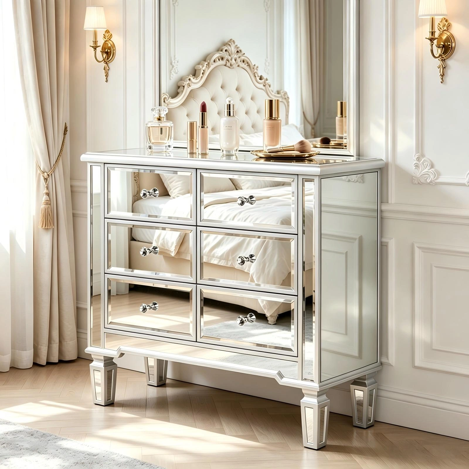 6-Drawer Mirrored Chest, Silver Vanity Storage Cabinet with MDF Frame, 26.
