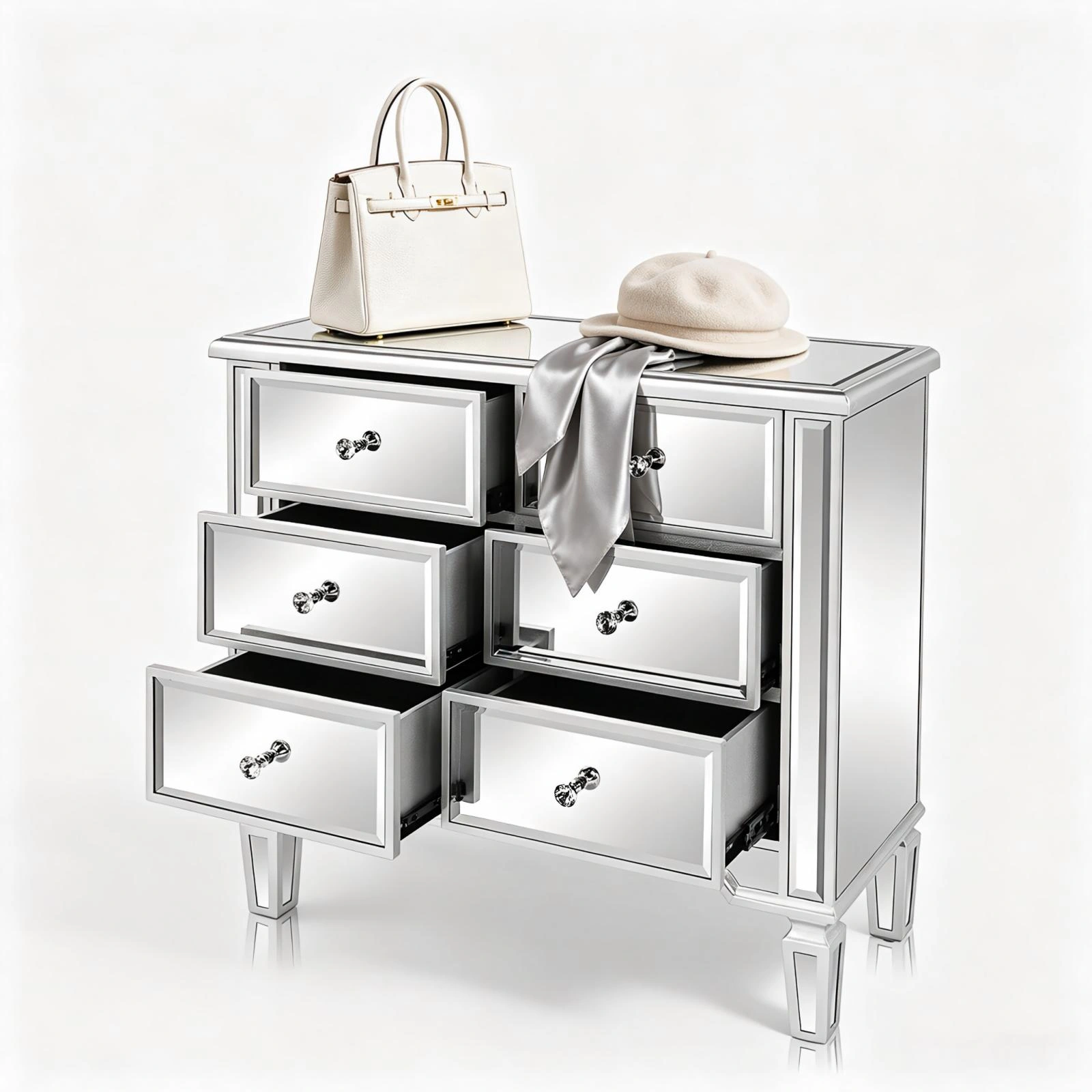 6-Drawer Mirrored Chest, Silver Vanity Storage Cabinet with MDF Frame, 26. view 9