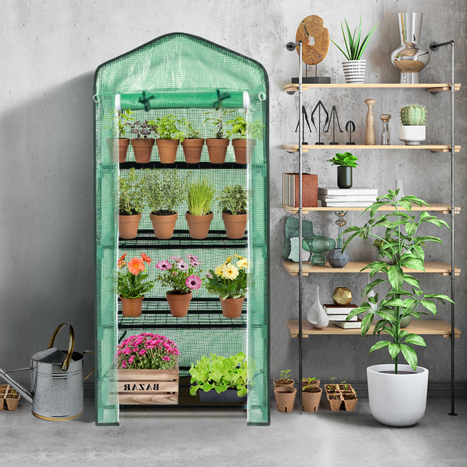 69x49x160cm Black Iron Pipe Pointed Mini Flower Stand With 4 Layers Of Grid, With Zipper Rolling Door, PE Cloth Green House view 10