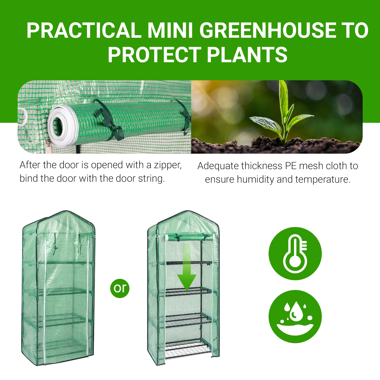 69x49x160cm Black Iron Pipe Pointed Mini Flower Stand With 4 Layers Of Grid, With Zipper Rolling Door, PE Cloth Green House view 17