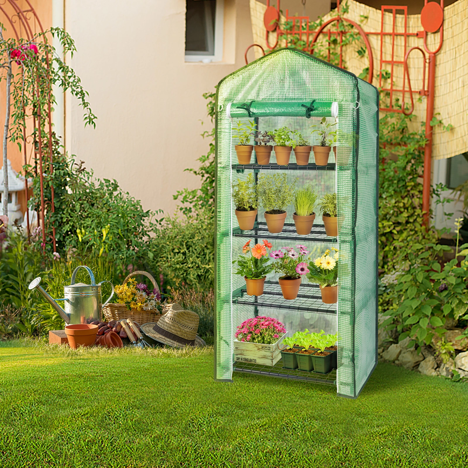 69x49x160cm Black Iron Pipe Pointed Mini Flower Stand With 4 Layers Of Grid, With Zipper Rolling Door, PE Cloth Green House view 3