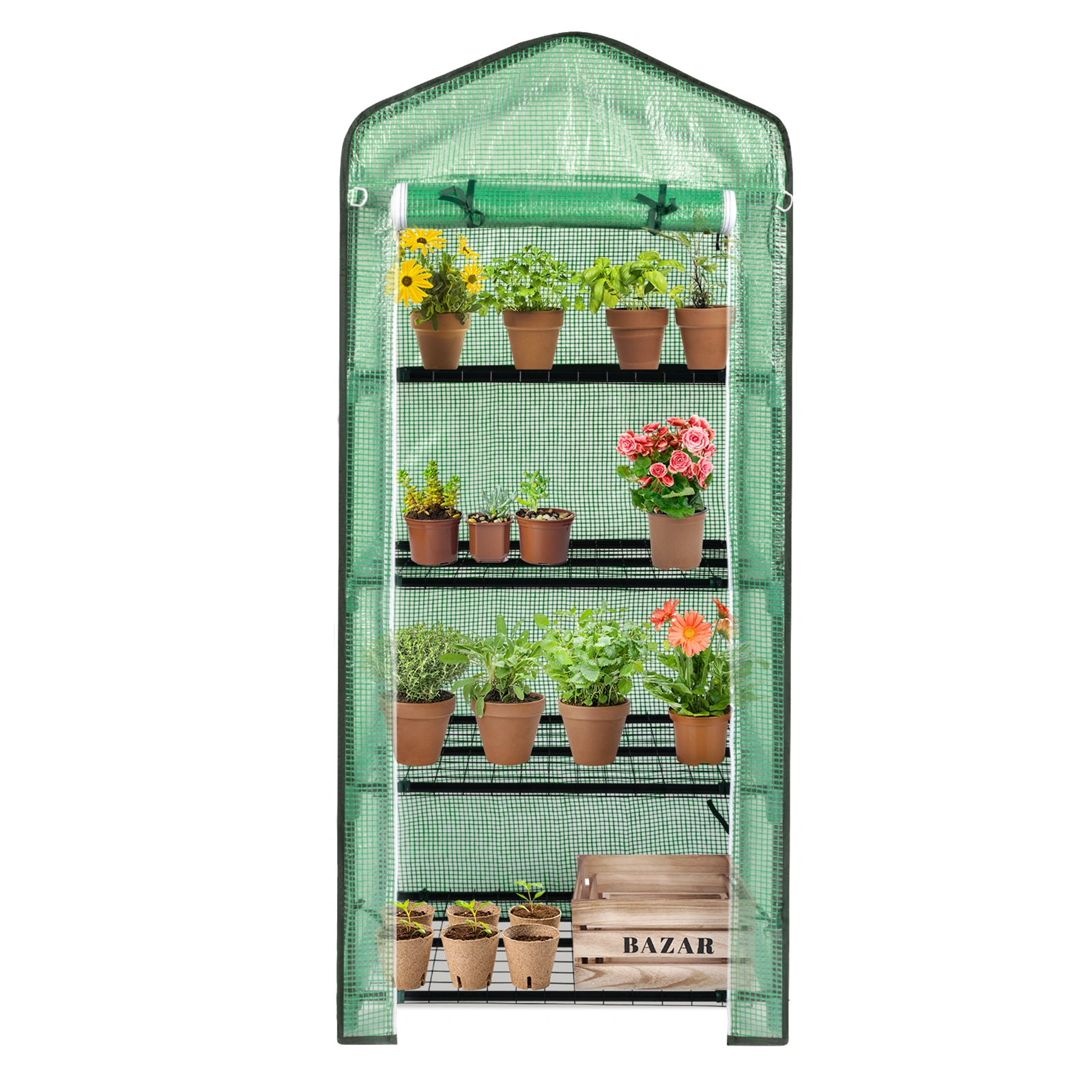 69x49x160cm Black Iron Pipe Pointed Mini Flower Stand With 4 Layers Of Grid, With Zipper Rolling Door, PE Cloth Green House view 6