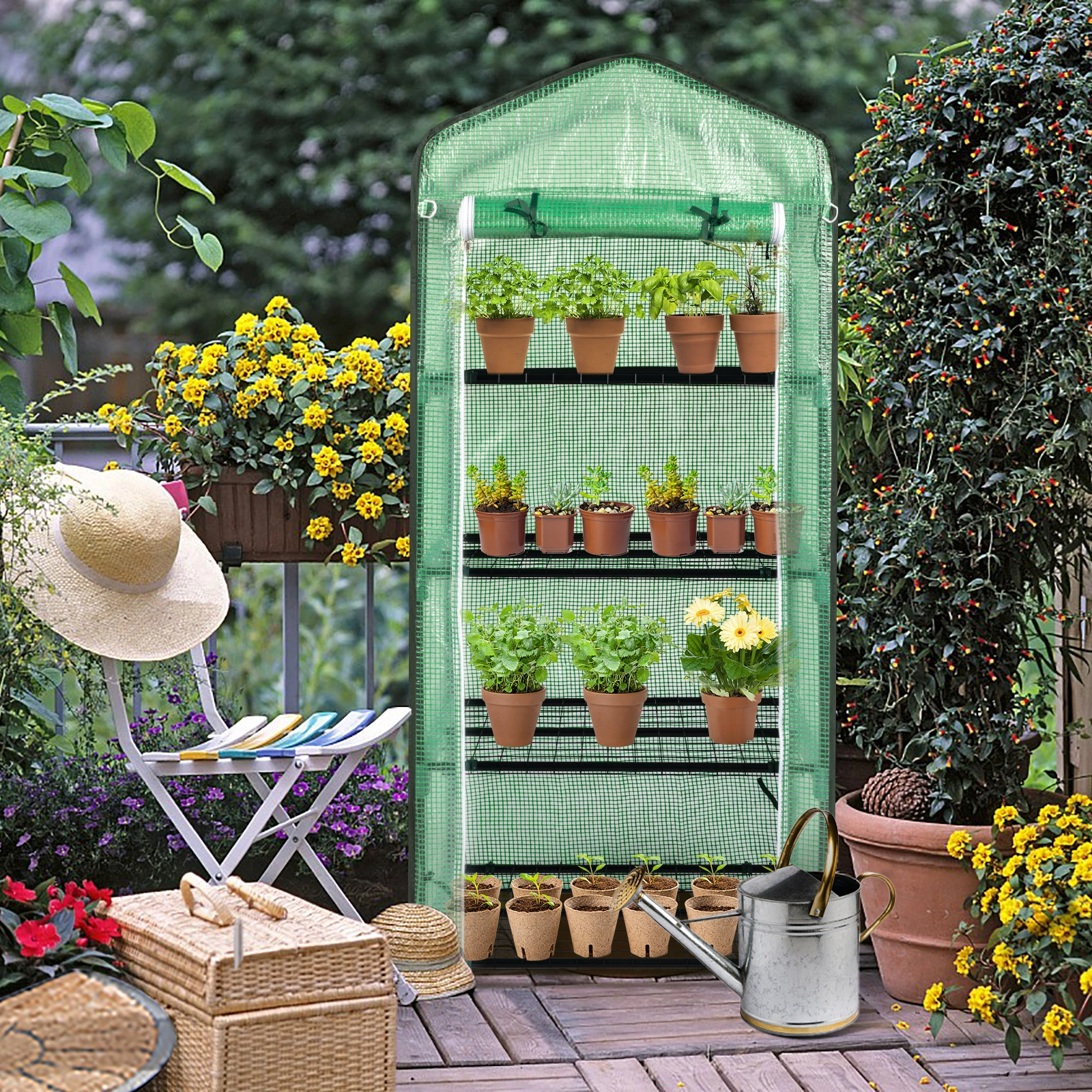69x49x160cm Black Iron Pipe Pointed Mini Flower Stand With 4 Layers Of Grid, With Zipper Rolling Door, PE Cloth Green House view 7