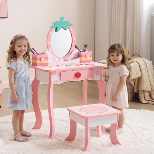 White MDF spray-painted 1-drawer 2-desktop storage box children's dressing table set with Apple print view 2