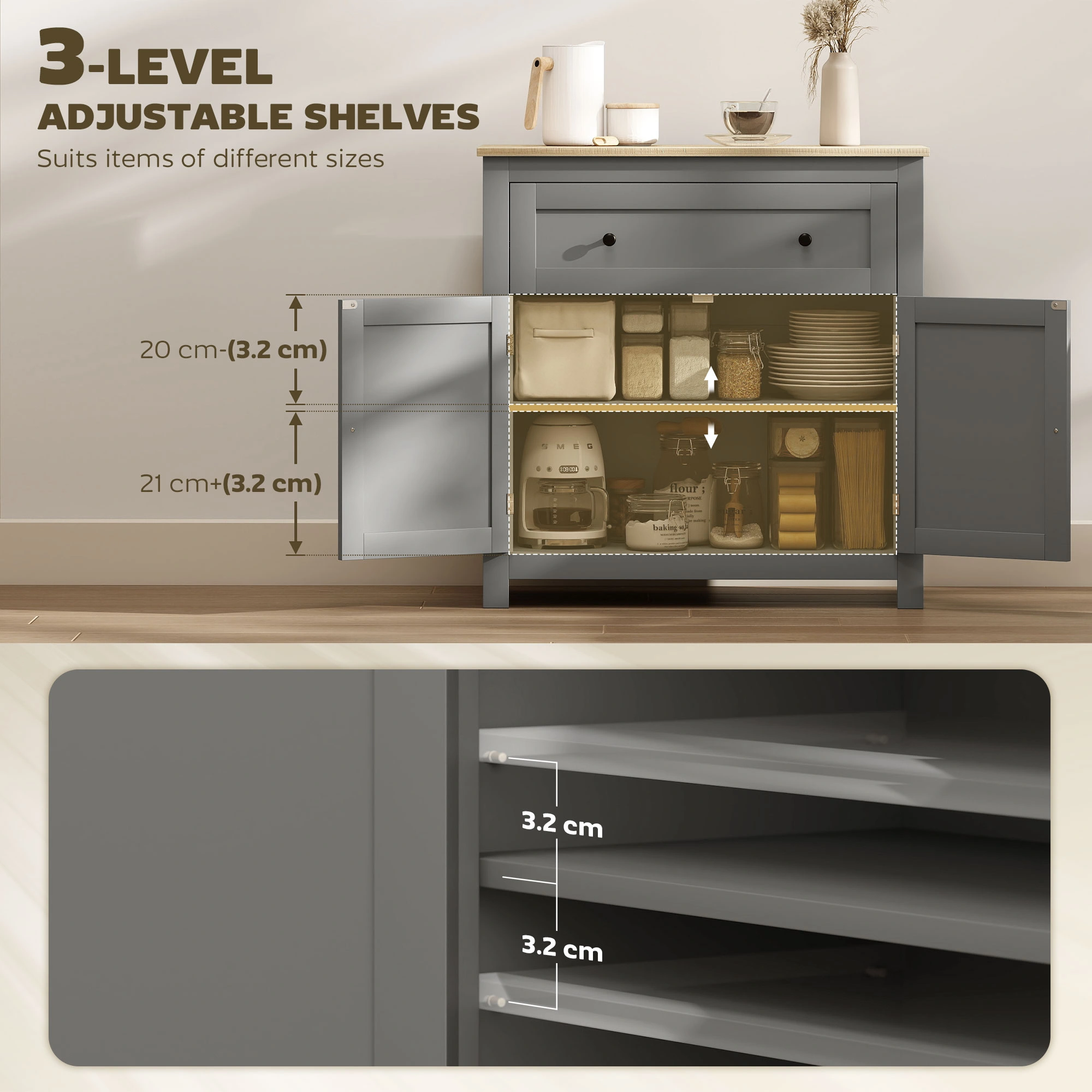 Kitchen Sideboard Storage Cabinet Buffet, Modern Cupboard with Shelves for Dining Room, Living Room, Hallway view 5