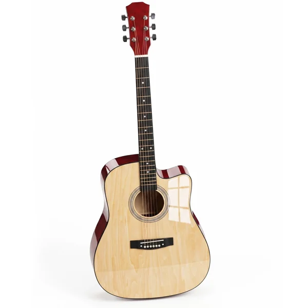 Natural wood color 41-inch Dreadnought barrel-shaped cutaway acoustic guitar with pick, strings, capo, gig bag, tuner, wrench tool, and shoulder strap view 3