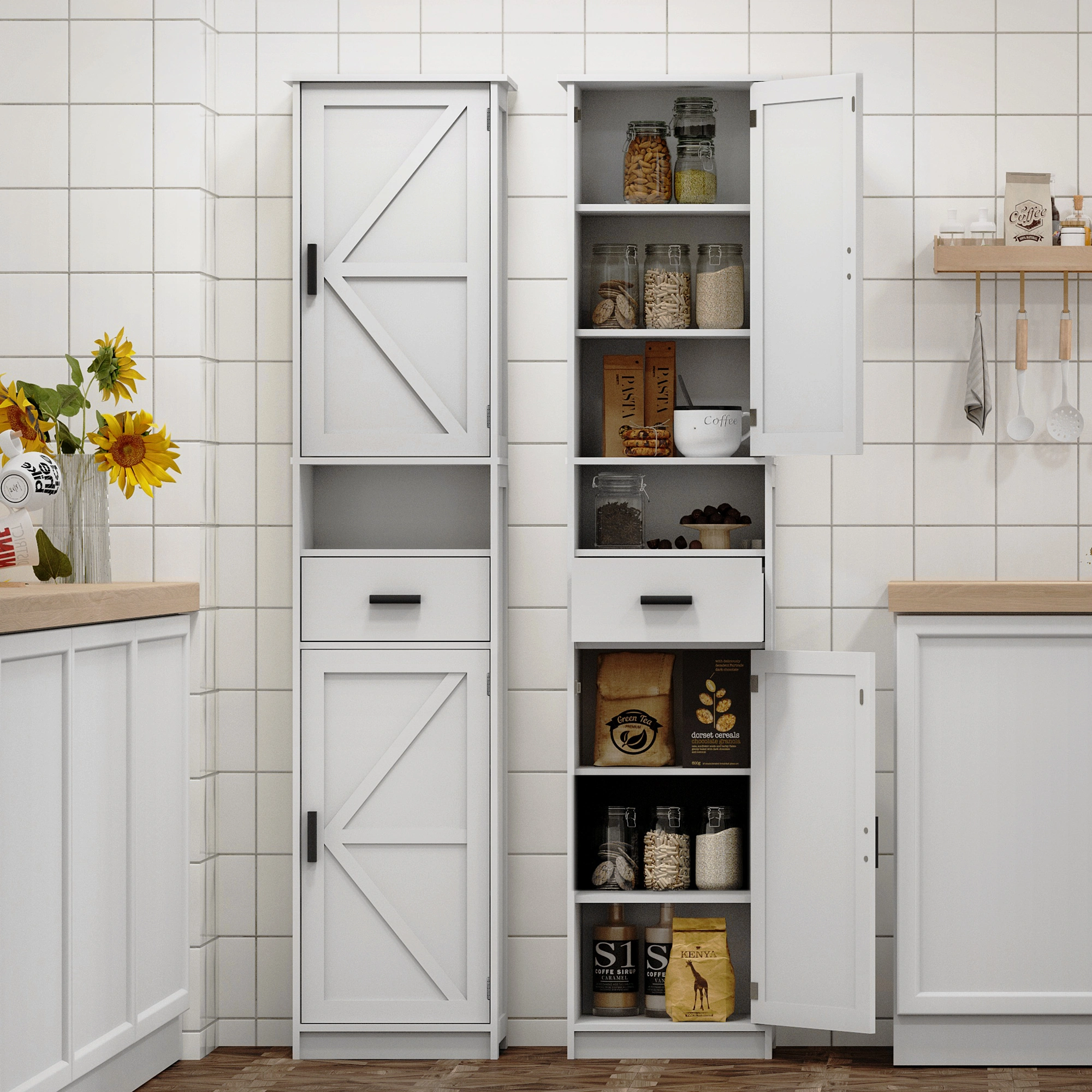 69" Tall Bathroom Storage Cabinet with 2 Barn Doors & 1 Drawer, Narrow Floor view 4
