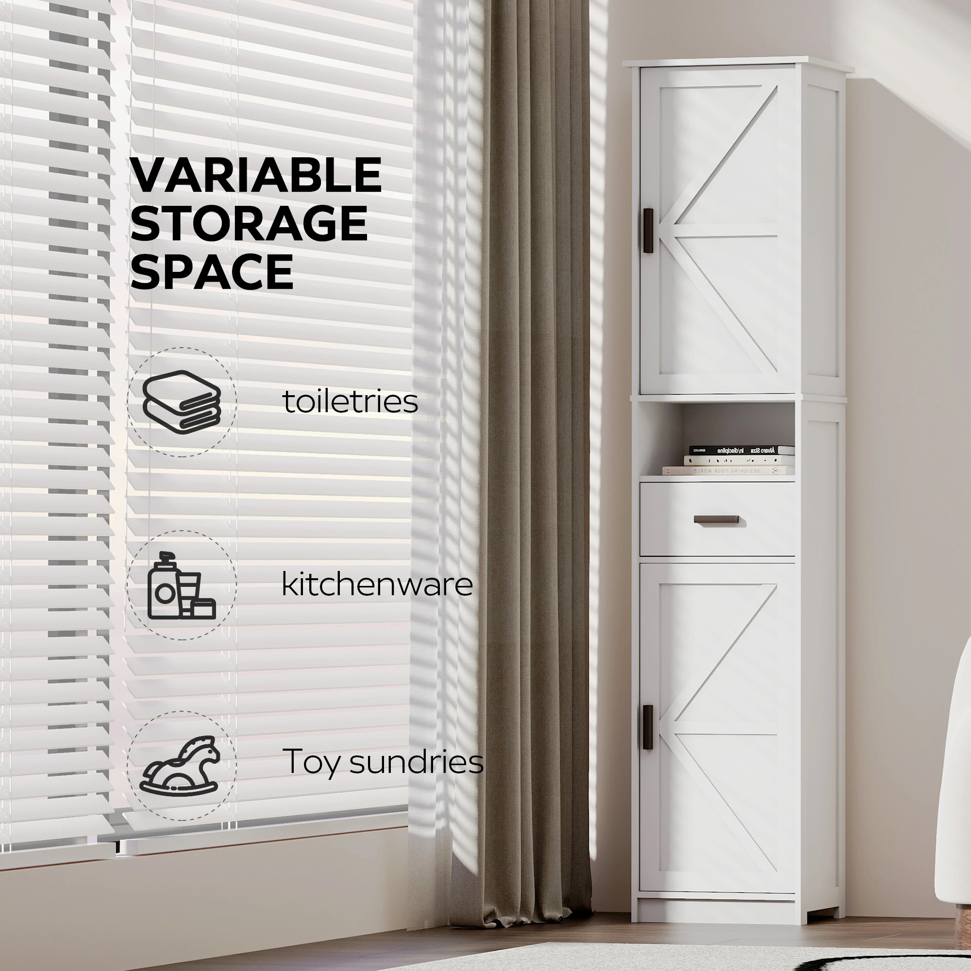 69" Tall Bathroom Storage Cabinet with 2 Barn Doors & 1 Drawer, Narrow Floor view 8