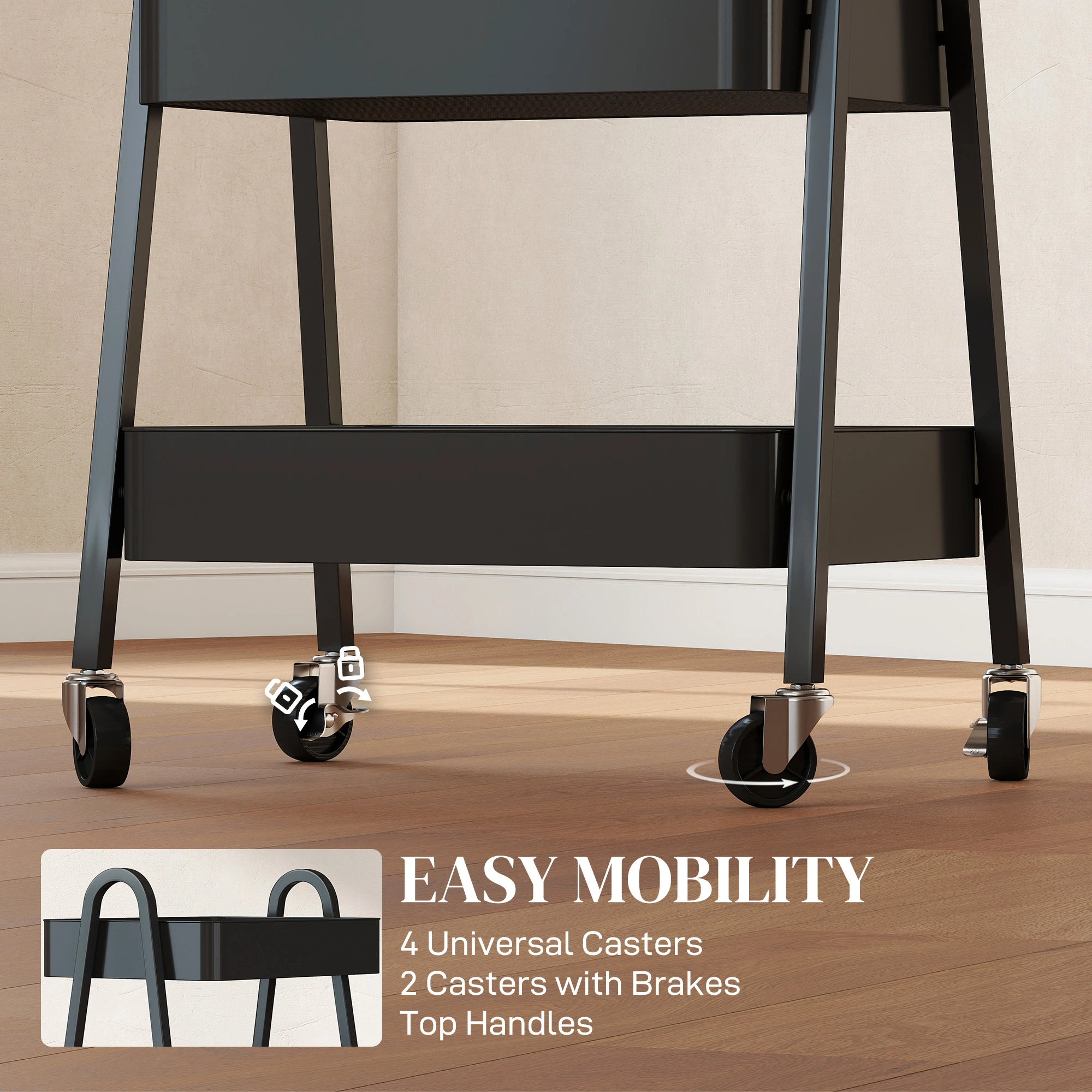 Modern Storage Trolley with Wheels, 3-Tier Mobile Utility Cart, Heavy-Duty Organizer Shelf for Kitchen Bathroom Office view 2