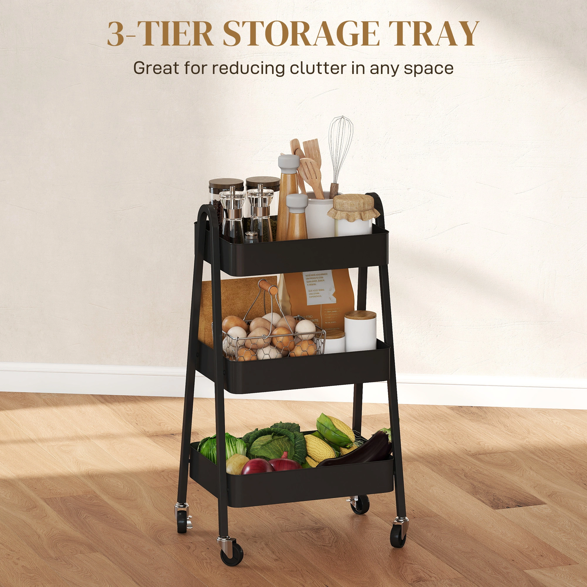 Modern Storage Trolley with Wheels, 3-Tier Mobile Utility Cart, Heavy-Duty Organizer Shelf for Kitchen Bathroom Office view 3