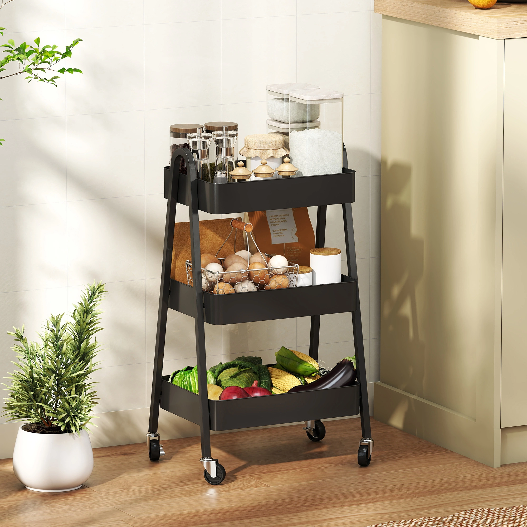 Modern Storage Trolley with Wheels, 3-Tier Mobile Utility Cart, Heavy-Duty Organizer Shelf for Kitchen Bathroom Office view 4