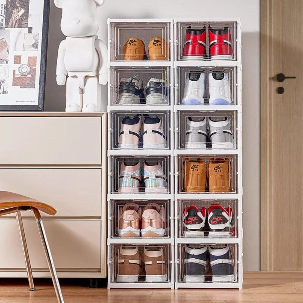 6 Pack Stackable Shoe Storage Boxes, Plastic Foldable Trainers Organiser, Clear Shoe Cubes for Closet view 3