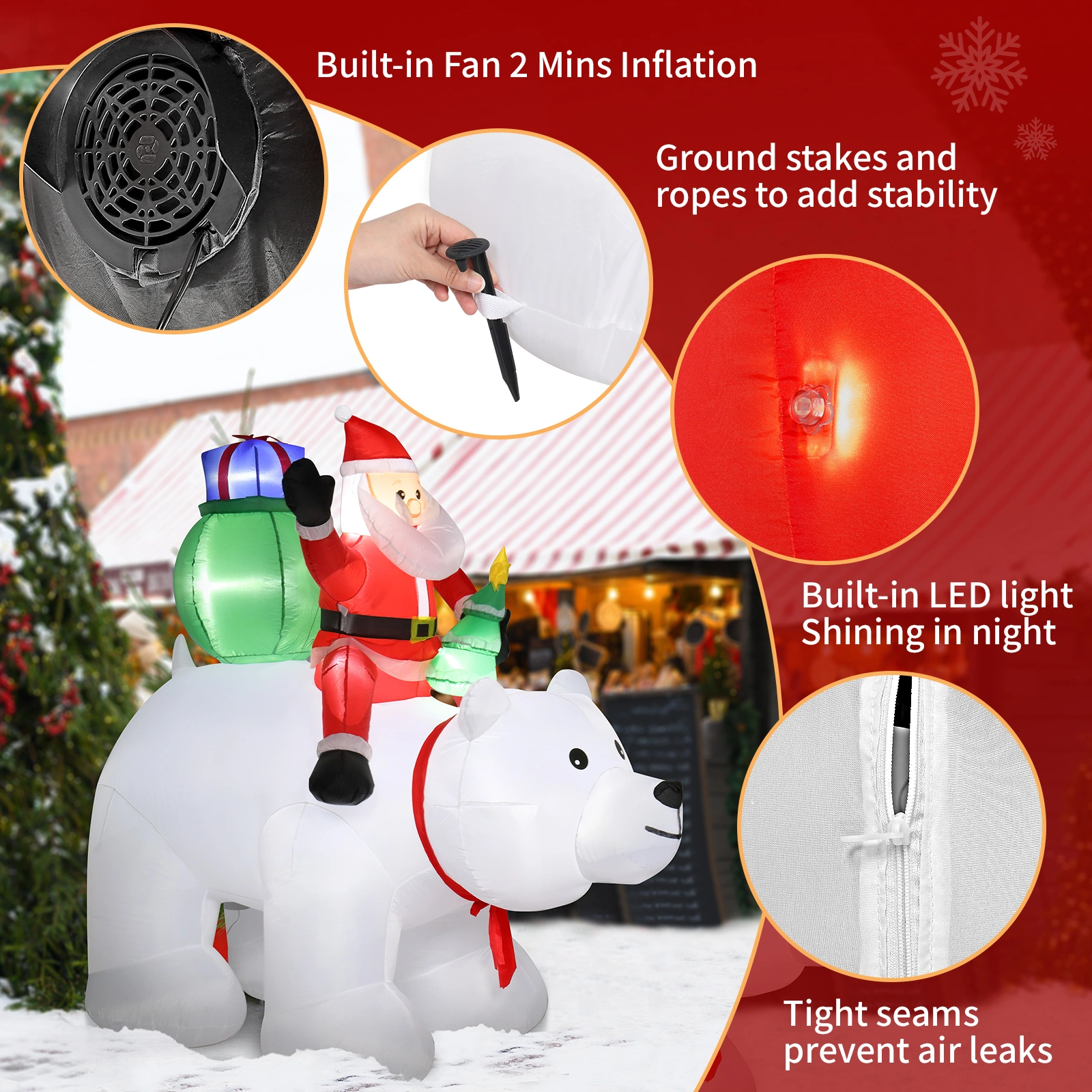 6ft LED Christmas Light String, 15W 7PCS Santa Claus Riding Polar Bear Garden Outdoor Decoration for Holiday Yard Display view 9