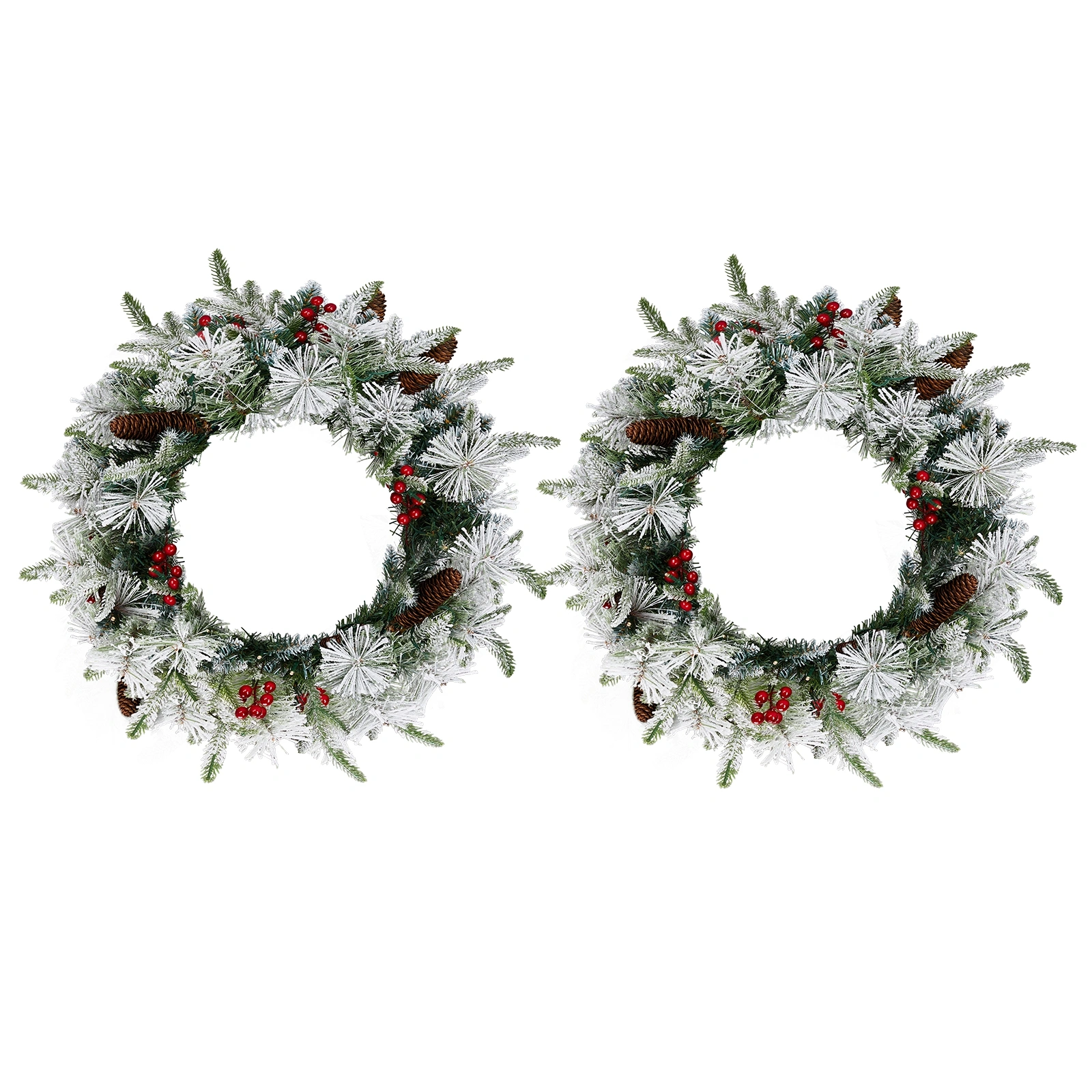 2 Pack 18in Pre-lit Snow Flocked Christmas Wreath with 60 Warm Lights, 140 Tips, Red Berries & Pine Cones for Door Wall Party Decor