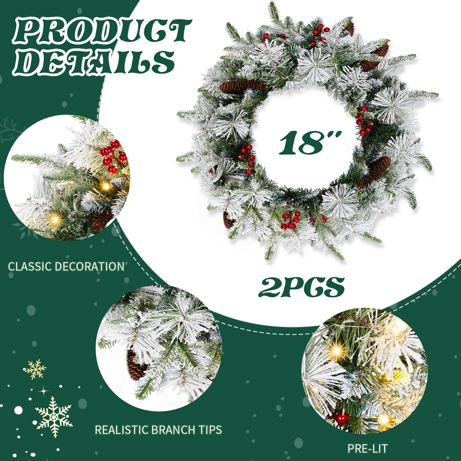 2 Pack 18in Pre-lit Snow Flocked Christmas Wreath with 60 Warm Lights, 140 Tips, Red Berries & Pine Cones for Door Wall Party Decor view 2