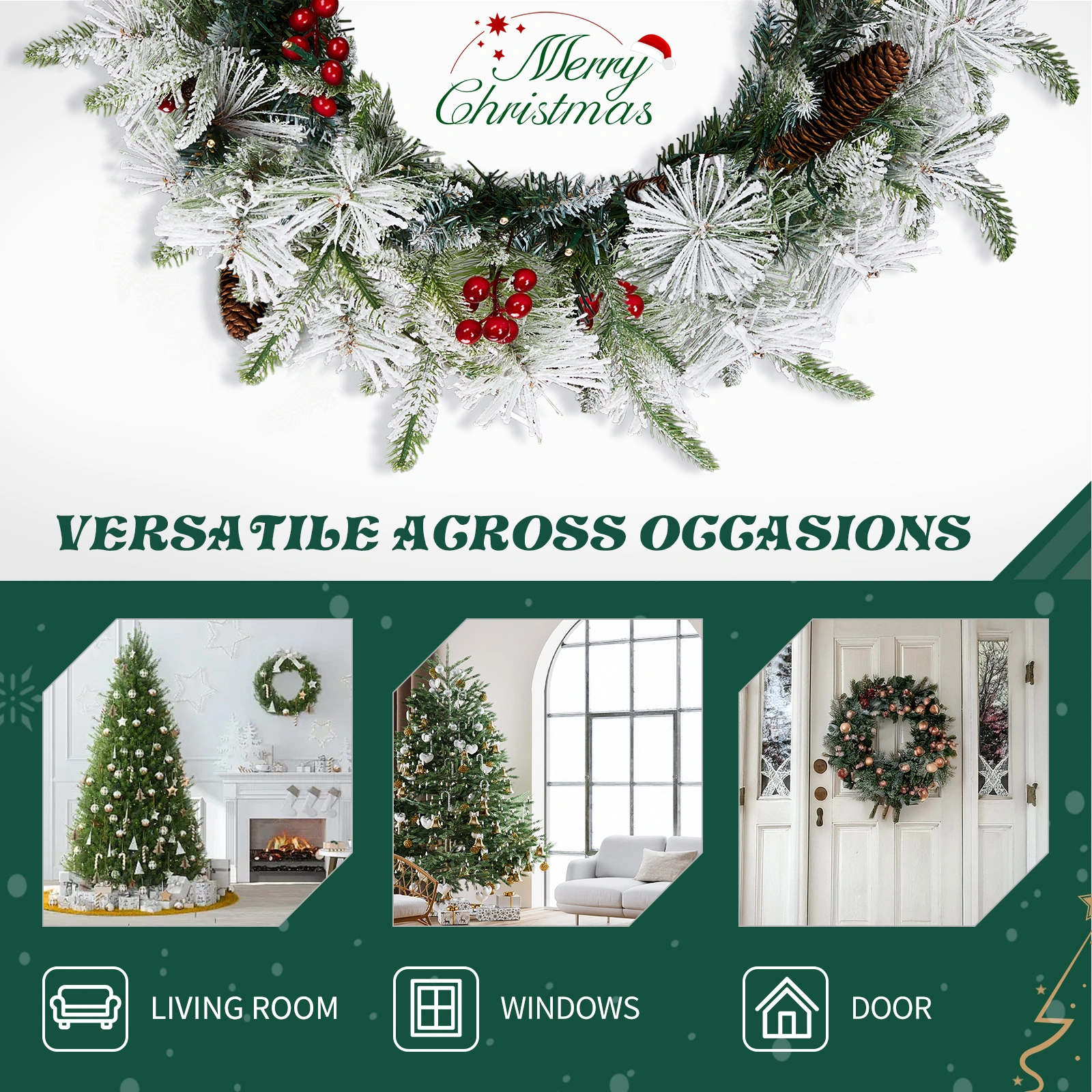 2 Pack 18in Pre-lit Snow Flocked Christmas Wreath with 60 Warm Lights, 140 Tips, Red Berries & Pine Cones for Door Wall Party Decor view 3