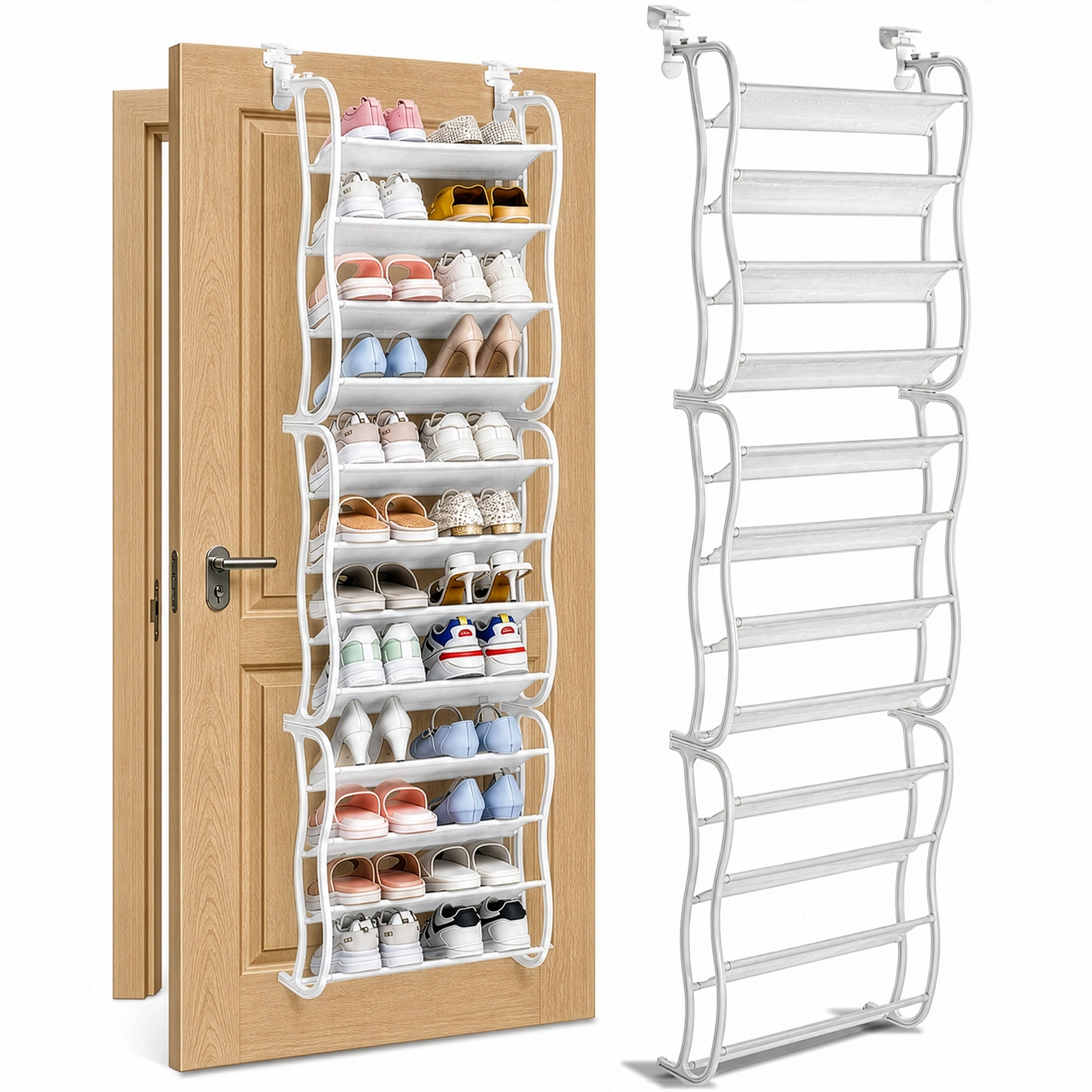 12 Tier Hanging Shoe Rack, Door Organizer with Non-Woven Fabric Dividers, 19.7" x 6.7" x 71.3" Space Saving Shoe Storage, White view 3