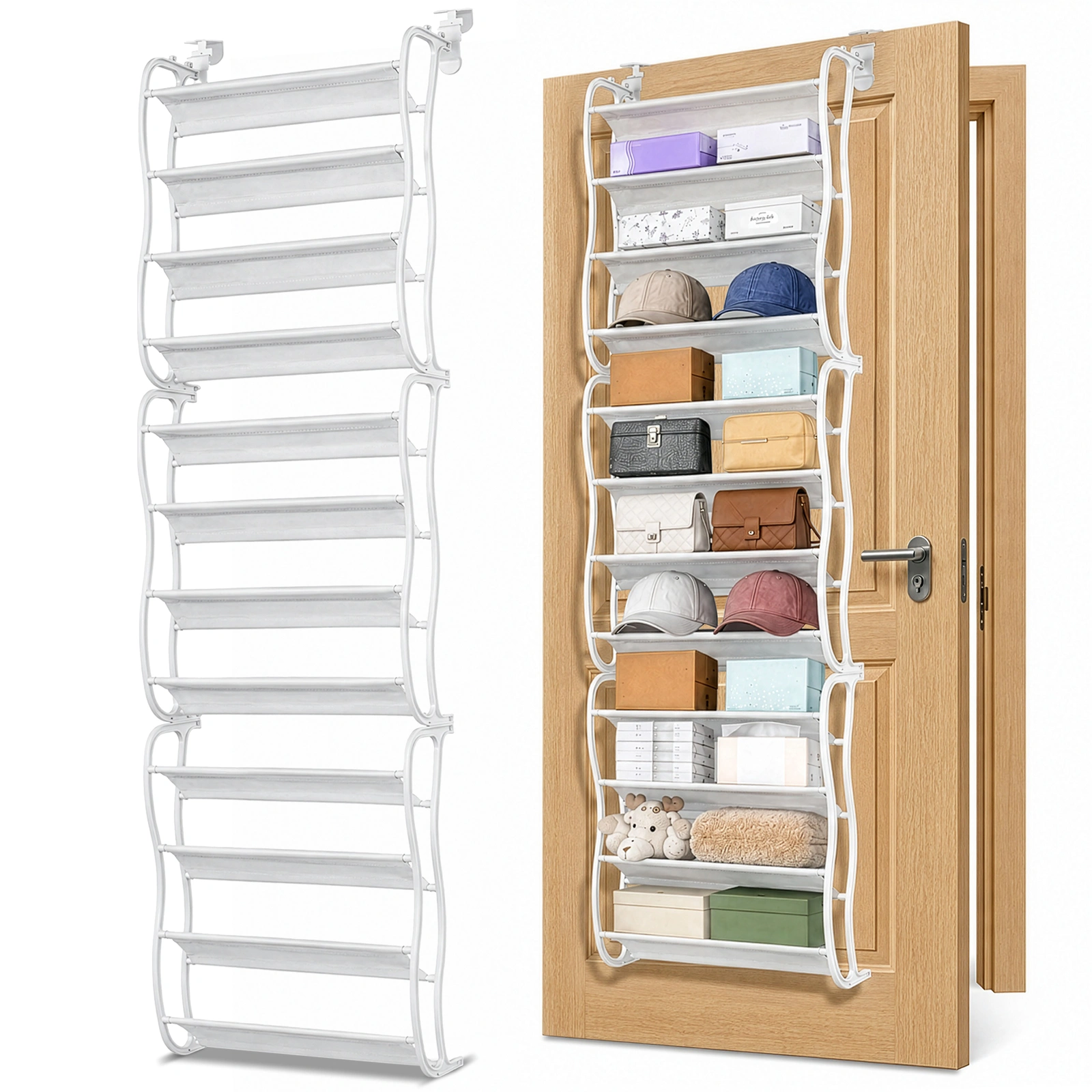 12 Tier Hanging Shoe Rack, Door Organizer with Non-Woven Fabric Dividers, 19.7" x 6.7" x 71.3" Space Saving Shoe Storage, White view 4