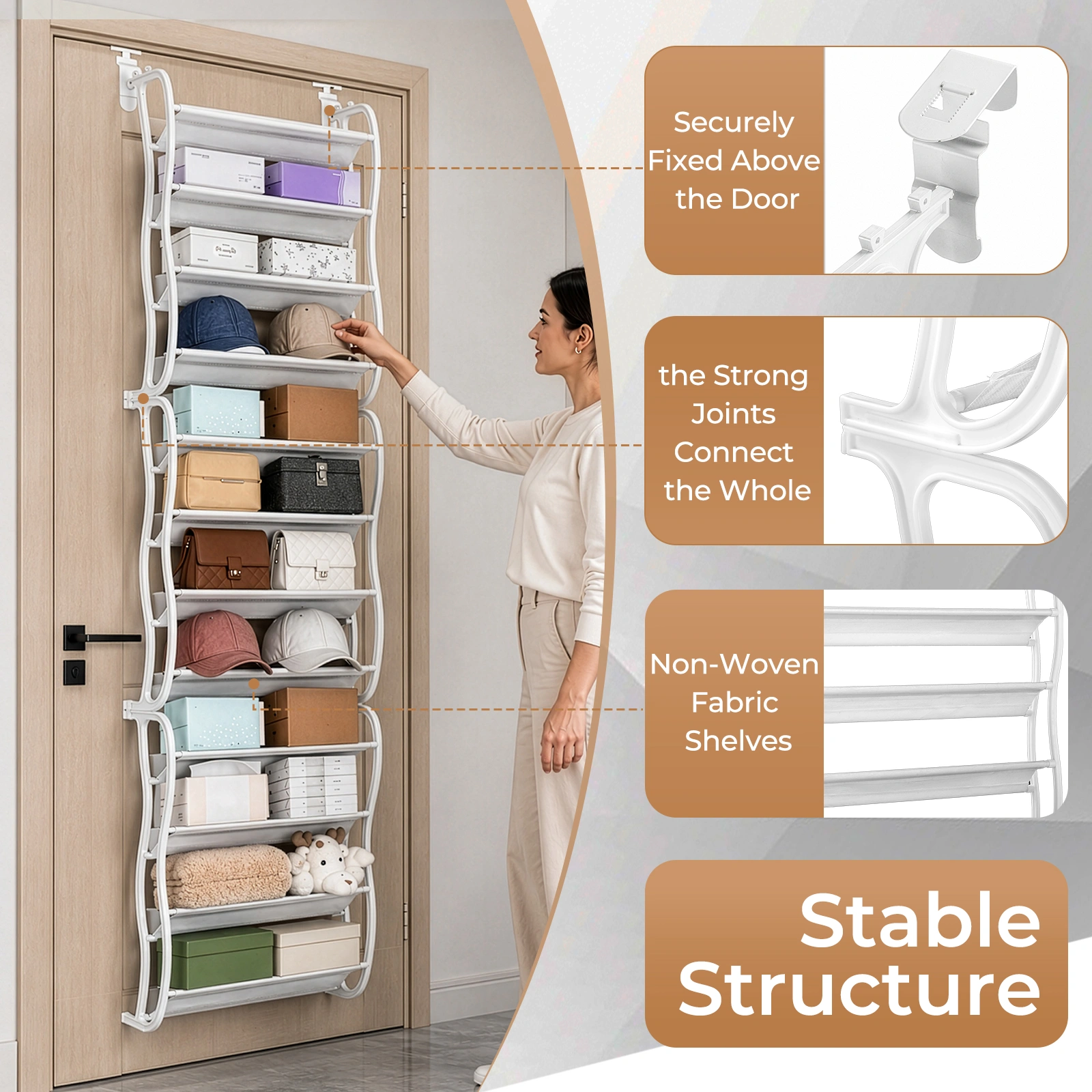 12 Tier Hanging Shoe Rack, Door Organizer with Non-Woven Fabric Dividers, 19.7" x 6.7" x 71.3" Space Saving Shoe Storage, White view 6
