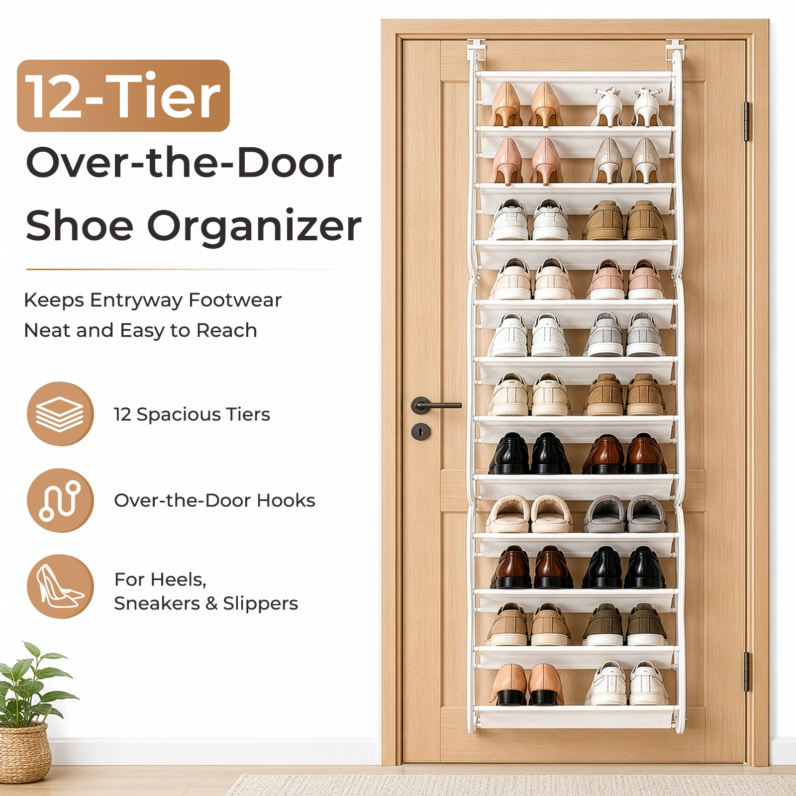 12 Tier Hanging Shoe Rack, Door Organizer with Non-Woven Fabric Dividers, 19.7" x 6.7" x 71.3" Space Saving Shoe Storage, White view 8