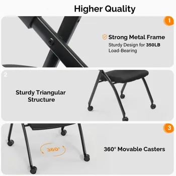 2 Pack Stackable Conference Room Chairs with Wheels, Folding Office Chair with Rebound Back, Padded Seat for Training Room, Guest, Reception, Event, Capacity 350lbs, Black view 7