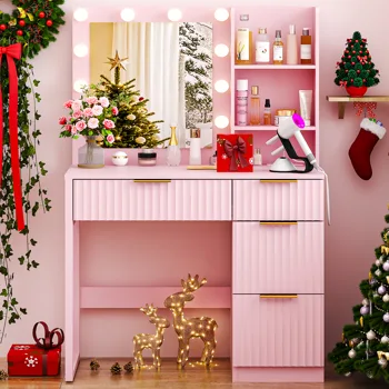 4-Drawer 2-Shelf Dressing Table with 10 Tri-Color Light Bulbs Particleboard with Textured Melamine Finish Power Strip and Dressing Table Grille-Finish Dressing Table 33.46*15.75*29.53in Pink