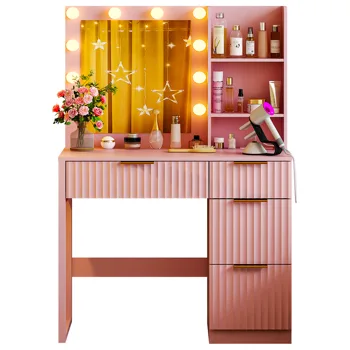 4-Drawer 2-Shelf Dressing Table with 10 Tri-Color Light Bulbs Particleboard with Textured Melamine Finish Power Strip and Dressing Table Grille-Finish Dressing Table 33.46*15.75*29.53in Pink view 2