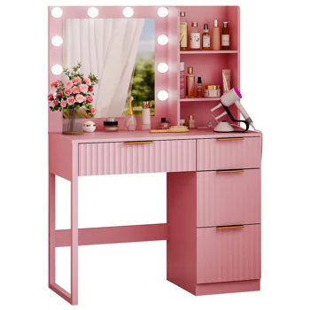 4-Drawer 2-Shelf Dressing Table with 10 Tri-Color Light Bulbs Particleboard with Textured Melamine Finish Power Strip and Dressing Table Grille-Finish Dressing Table 33.46*15.75*29.53in Pink view 3