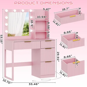 4-Drawer 2-Shelf Dressing Table with 10 Tri-Color Light Bulbs Particleboard with Textured Melamine Finish Power Strip and Dressing Table Grille-Finish Dressing Table 33.46*15.75*29.53in Pink view 4
