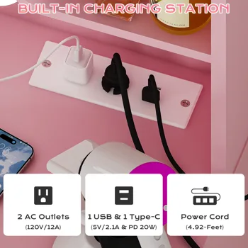 4-Drawer 2-Shelf Dressing Table with 10 Tri-Color Light Bulbs Particleboard with Textured Melamine Finish Power Strip and Dressing Table Grille-Finish Dressing Table 33.46*15.75*29.53in Pink view 5