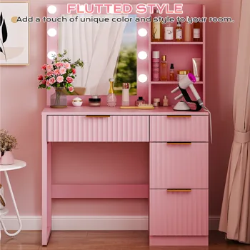 4-Drawer 2-Shelf Dressing Table with 10 Tri-Color Light Bulbs Particleboard with Textured Melamine Finish Power Strip and Dressing Table Grille-Finish Dressing Table 33.46*15.75*29.53in Pink view 6