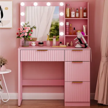 4-Drawer 2-Shelf Dressing Table with 10 Tri-Color Light Bulbs Particleboard with Textured Melamine Finish Power Strip and Dressing Table Grille-Finish Dressing Table 33.46*15.75*29.53in Pink view 7