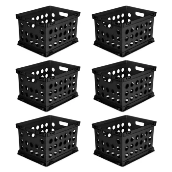 File Crate, Versatile Plastic Storage Bin with Through Handles, Fits Letter & Legal-sized Hanging Files, Stackable, Black, 6 Pack