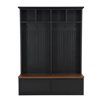 Farmhouse 4-in-1 Hall Tree with Wood Grain Bench, Mudroom Versatile Coat Rack with 2 Large Drawer, Entrance Organizer for Hallway, Living Room, Black, 55.9"W