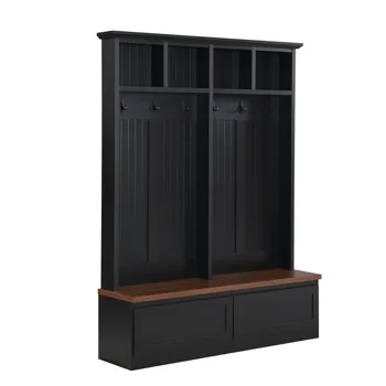 Farmhouse 4-in-1 Hall Tree with Wood Grain Bench, Mudroom Versatile Coat Rack with 2 Large Drawer, Entrance Organizer for Hallway, Living Room, Black, 55.9"W view 6