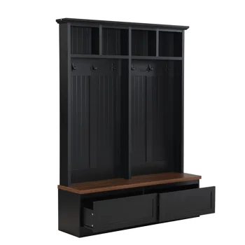 Farmhouse 4-in-1 Hall Tree with Wood Grain Bench, Mudroom Versatile Coat Rack with 2 Large Drawer, Entrance Organizer for Hallway, Living Room, Black, 55.9"W view 8
