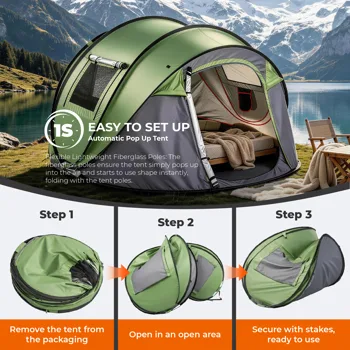 4 Person Pop Up Tent for Camping, Waterproof Instant Family Tent with Front Awning, Automatic Tent Throw Pop Up Instant Flip Pop Tent for Camping, Green view 7