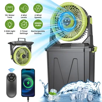 5-in-1 Rechargeable Misting Cooling Fan with 20000mAh Power Bank, 10L Large Water Tank 4 Mist Modes 4 Wind Speeds, RGB Night Light Timer Remote Control Portable Water Fan for Camping Patio RV Bedroom view 3