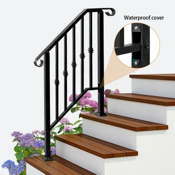 Matte Black Outdoor 2-Step Iron Handrail view 2