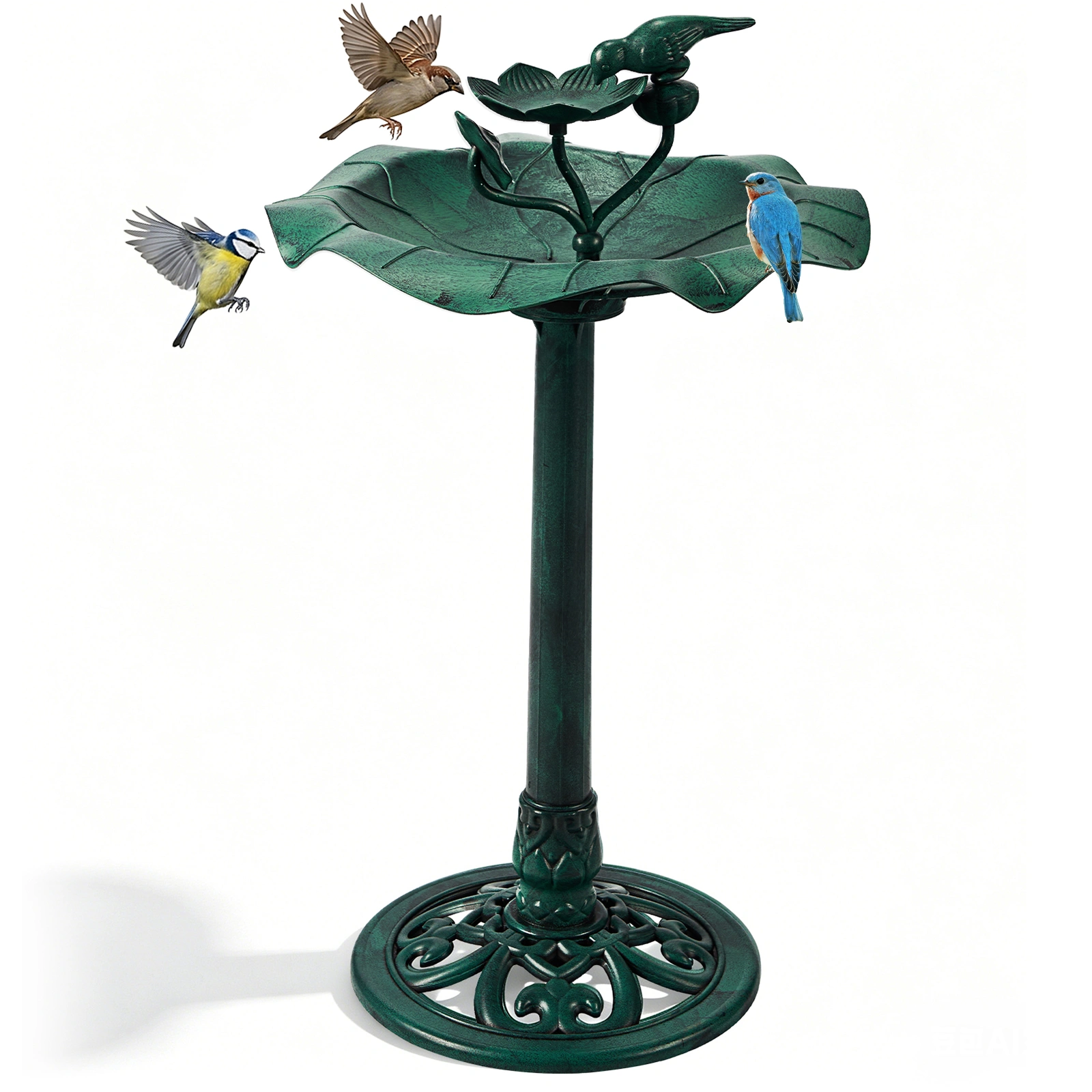 50*50*86cm Dark Green Resin Bird Bath With Lotus Edge & Feeder Tray