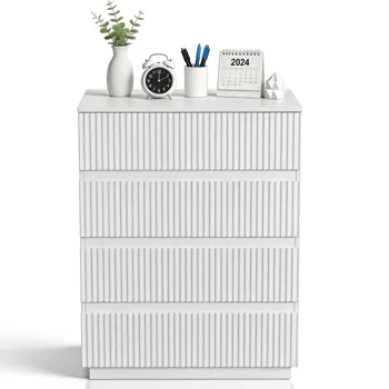 Handleless Grille-Finished 4-Drawer Bedside Table P2 Particleboard + MDF & Melamine Veneer + Thermoformed Drawer Dresser 23.62*14.96*30.71in White view 2