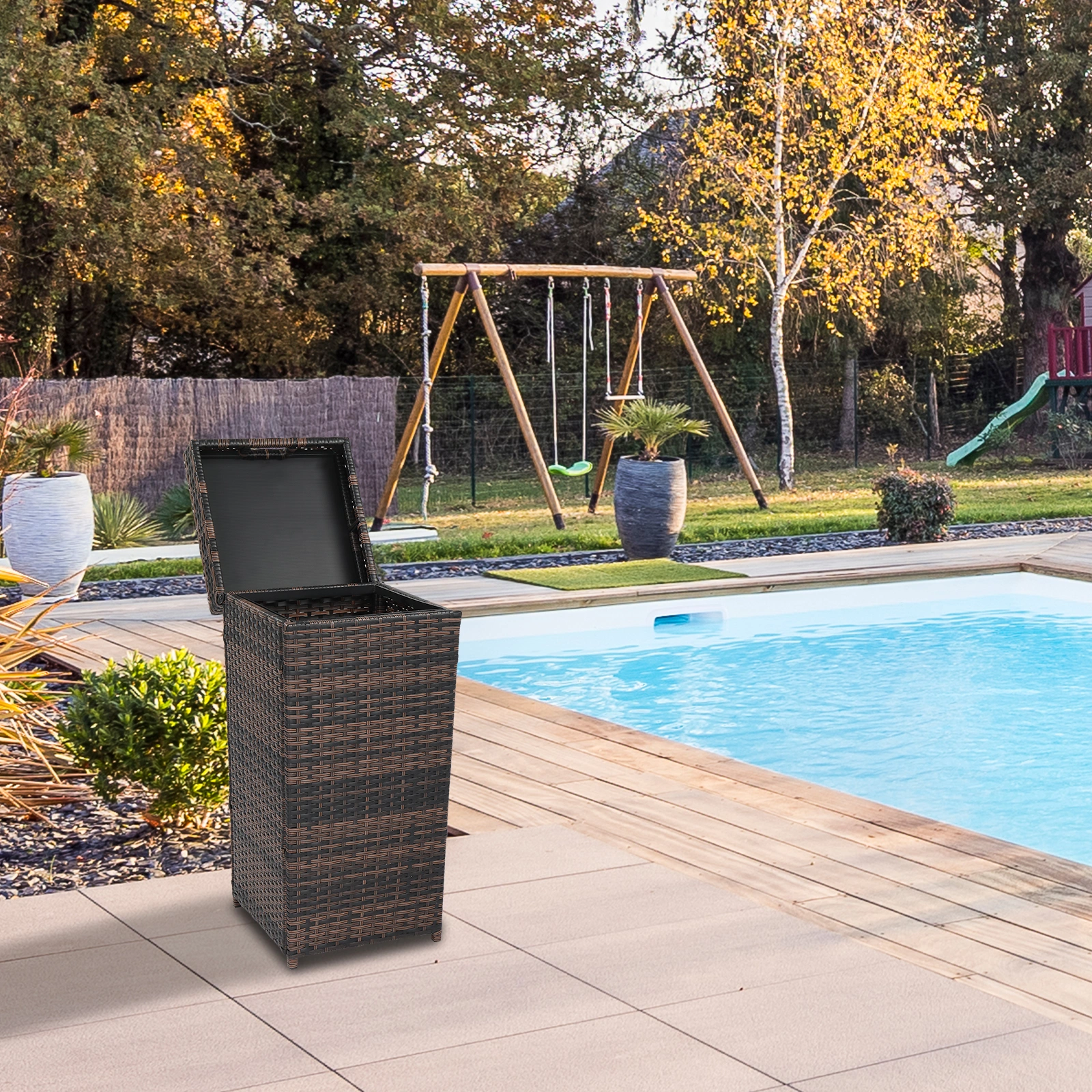 With Top Cover Iron Frame Rattan Trash Can Brown Gradient view 14