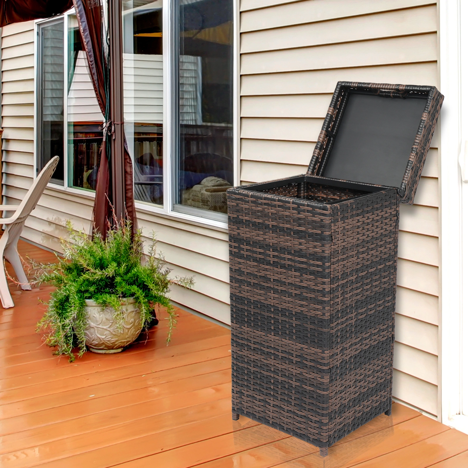 With Top Cover Iron Frame Rattan Trash Can Brown Gradient view 16