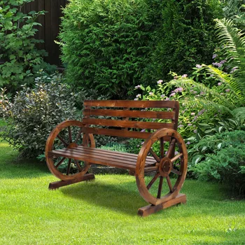 Rustic 2-Person Wooden Wagon Wheel Bench with Slatted Seat and Backrest, Brown view 4