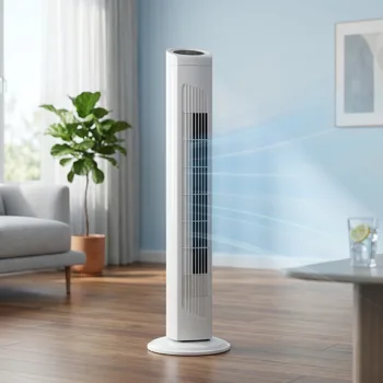 US Standard RTW-AR Tower Fan, 110V 45W, 32 Inch, Column Shape, White Plastic Body, Copper Motor, Touch & Remote Control, 3 Speeds, 3 Modes, Oscillating Function, 7.5-Hour Timer, For Home Use view 2