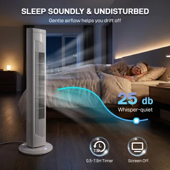 US Standard RTW-AR Tower Fan, 110V 45W, 32 Inch, Column Shape, White Plastic Body, Copper Motor, Touch & Remote Control, 3 Speeds, 3 Modes, Oscillating Function, 7.5-Hour Timer, For Home Use view 7