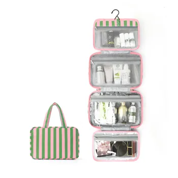 Green pink foldable hook toileting storage bag, waterproof multi compartment handheld skincare and makeup bag