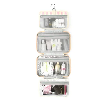 Green pink foldable hook toileting storage bag, waterproof multi compartment handheld skincare and makeup bag view 2