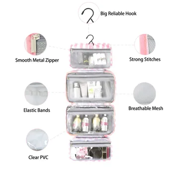 Green pink foldable hook toileting storage bag, waterproof multi compartment handheld skincare and makeup bag view 3
